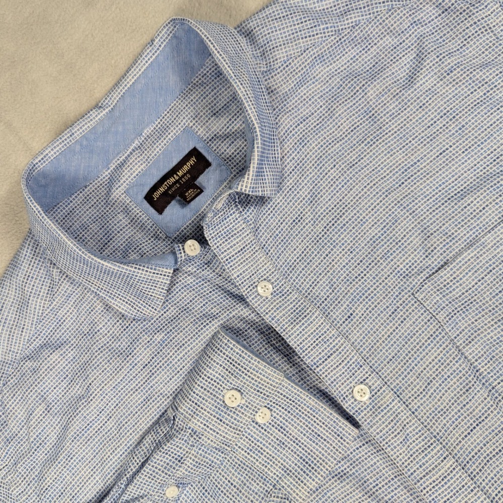 Johnston & Murphy Mens XXL Blue White Linen Cotton Check Button Down Shirt